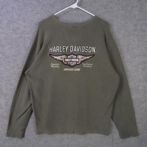 Harley-Davidson Shirt Mens Large Green Henley Thermal Waffle Knit Bar Shield - Picture 7 of 9